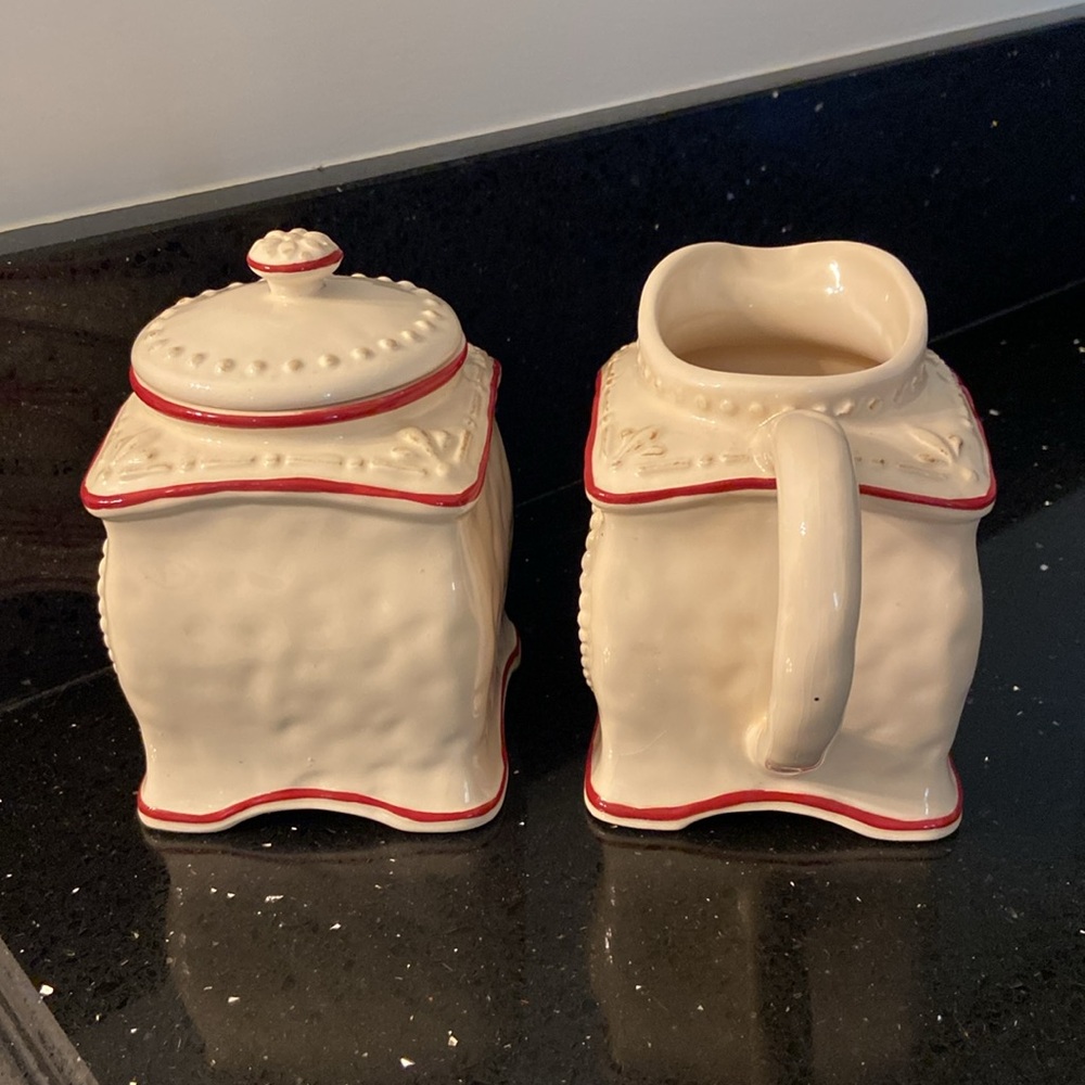 Farmhouse SET Sugar & Creamer Dark Red & Cream Plaid Rustic Cottagecore Country - Picture 4 of 16
